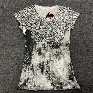 Cache Shirt Womens Small Black White Baroque Print V Neck Cap Sleeve Made USA